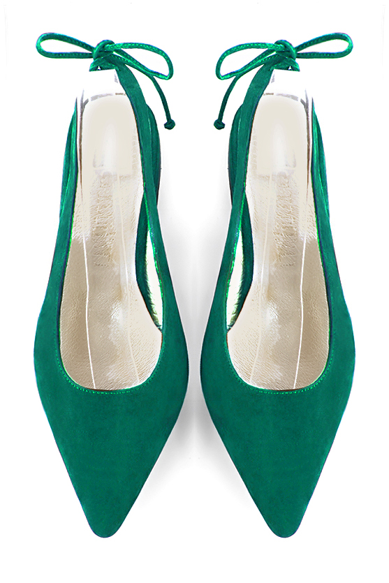 Emerald green women's slingback shoes. Pointed toe. Flat flare heels. Top view - Florence KOOIJMAN